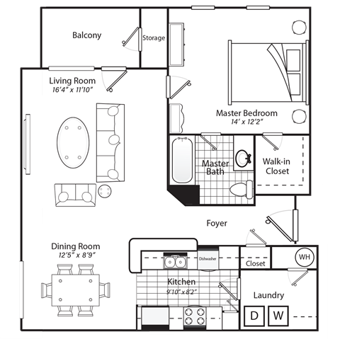 Floor plan for 1 bed, 1 bath, 975 sqft